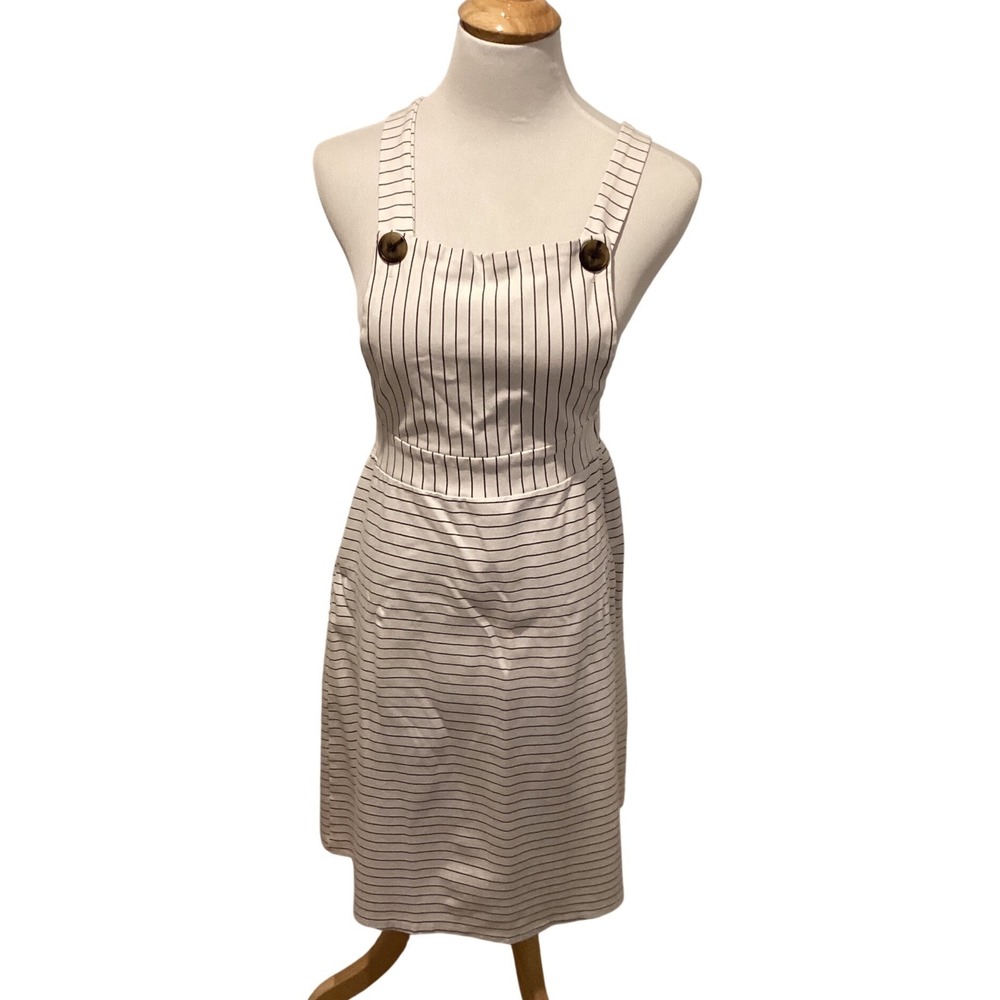 Sweet Claire White Pinstripeâ Pinafore Overall Dress Black Stripes Buttons